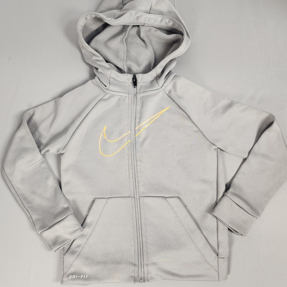 Nike Dri-FIT Full Zip Hoodie Kids 6 Grey Good Yellow Swoosh Logo Athletic